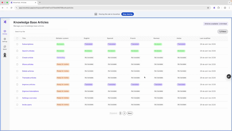 KnowHub recording the browser tab — sharing indicator and knowledge base