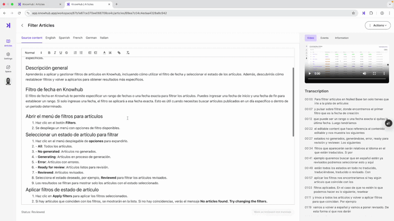 KnowHub article editor with reviewed content, video and transcription panel